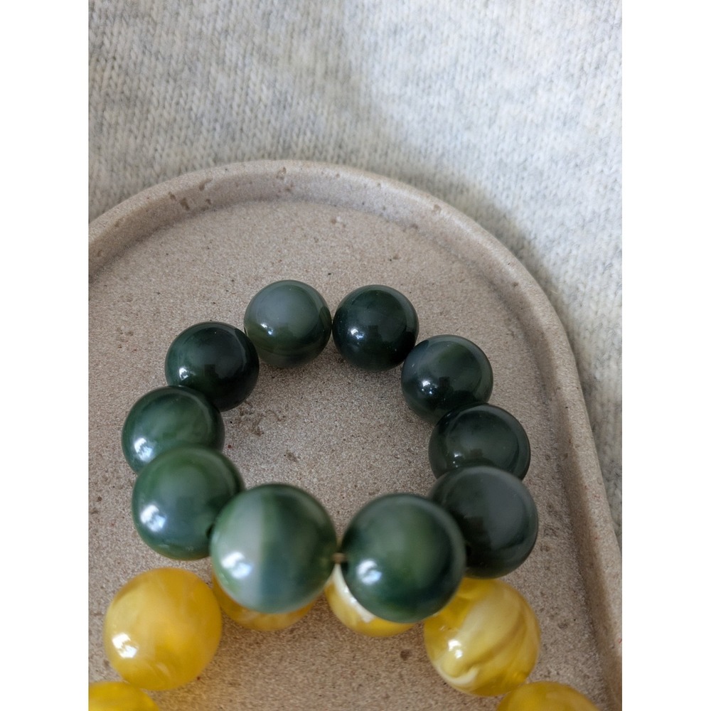 Chunky Bracelet Set Of 2 Marbled Beads Yellow & Green Statement Costume Stretch - Picture 4 of 5